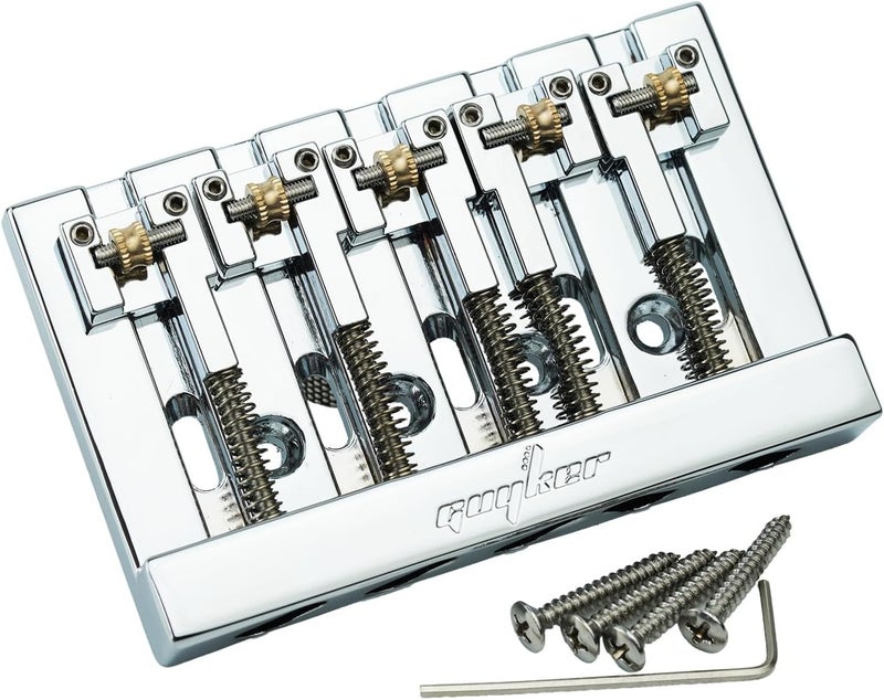 guyker Bass Bridge, 5 String Bass Bridge with Solid Roller Saddle Adjustable Replacement Part (GB506, Chrome) - Image 1